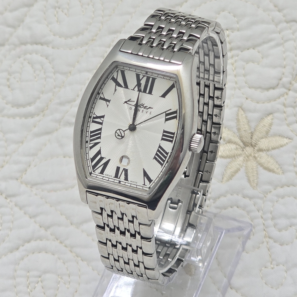 VTG Kolber Geneve Tonneau Men's Watch K8420 Silver Large Wrist Quartz Guilloche